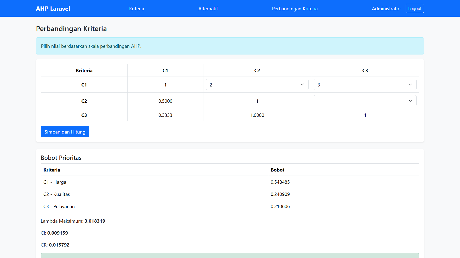 Tutorial AHP Laravel Perbandingan Kriteria