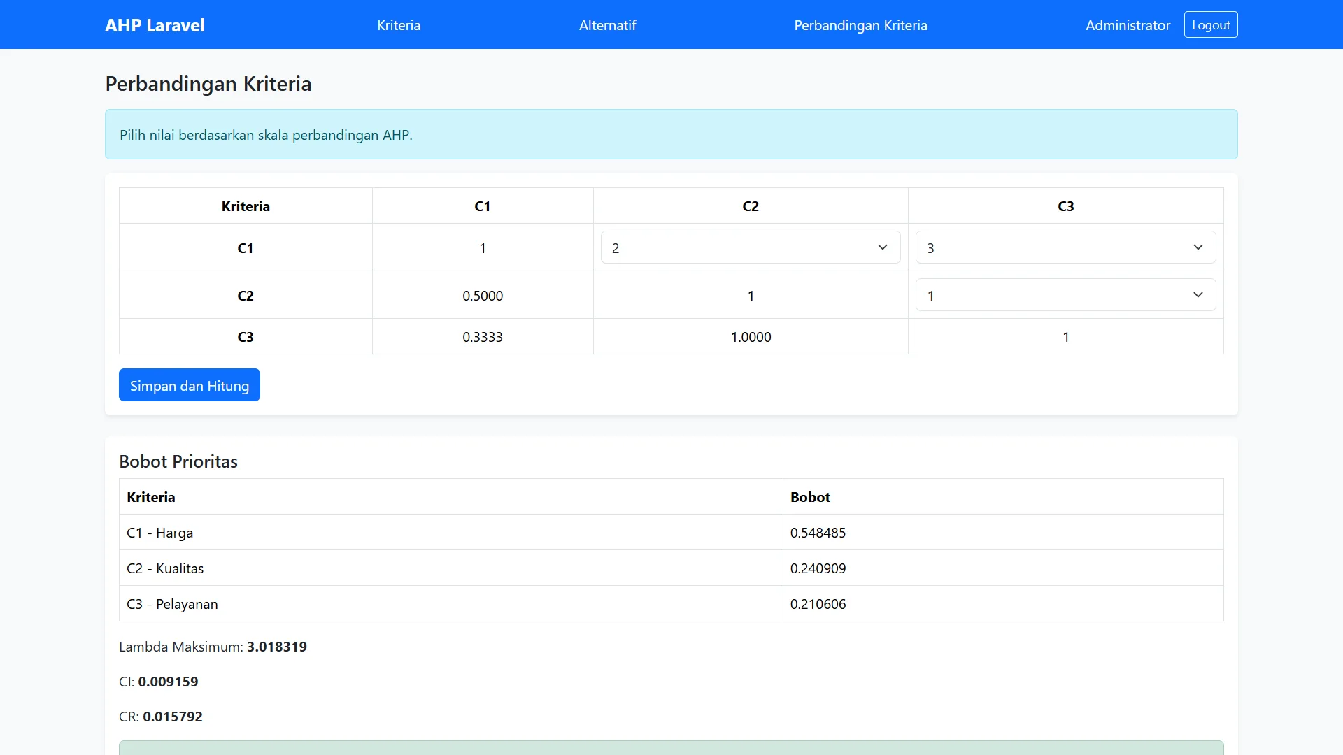 Tutorial AHP Laravel Perbandingan Kriteria