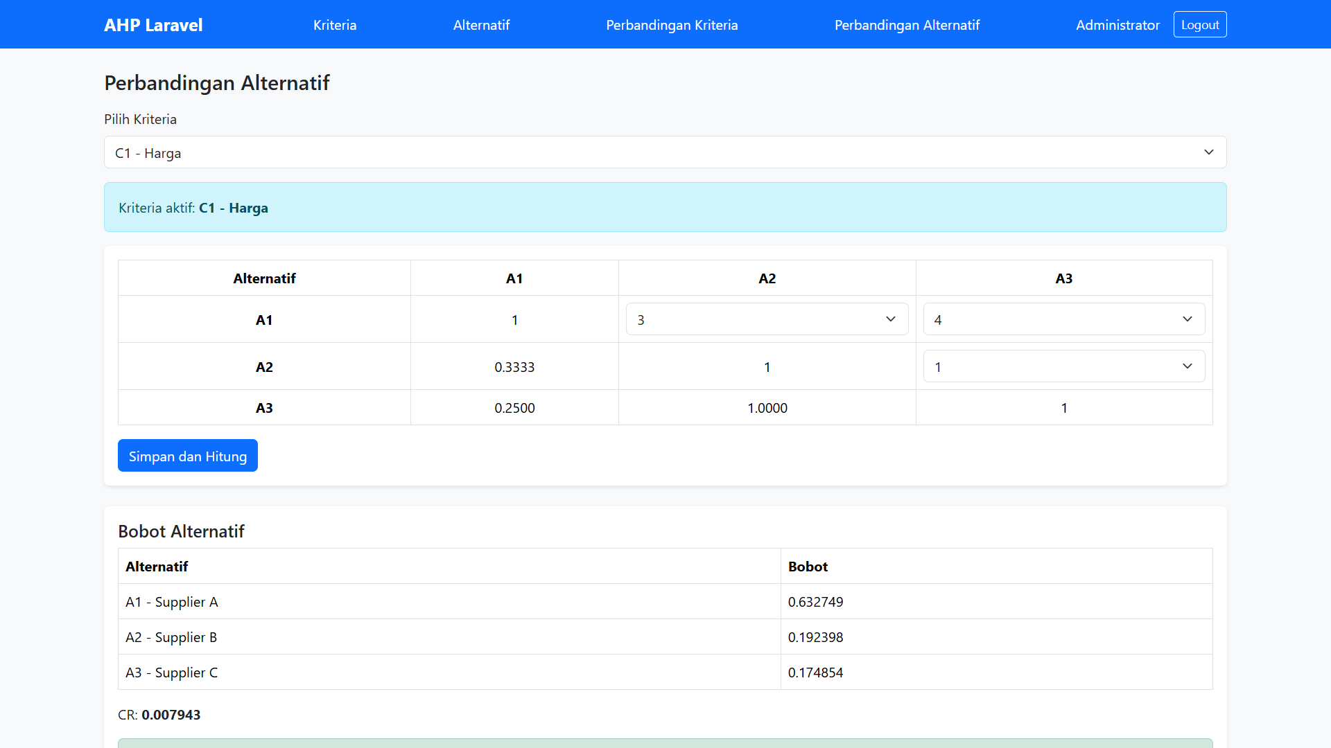 Tutorial AHP Laravel Perbandingan Alternatif