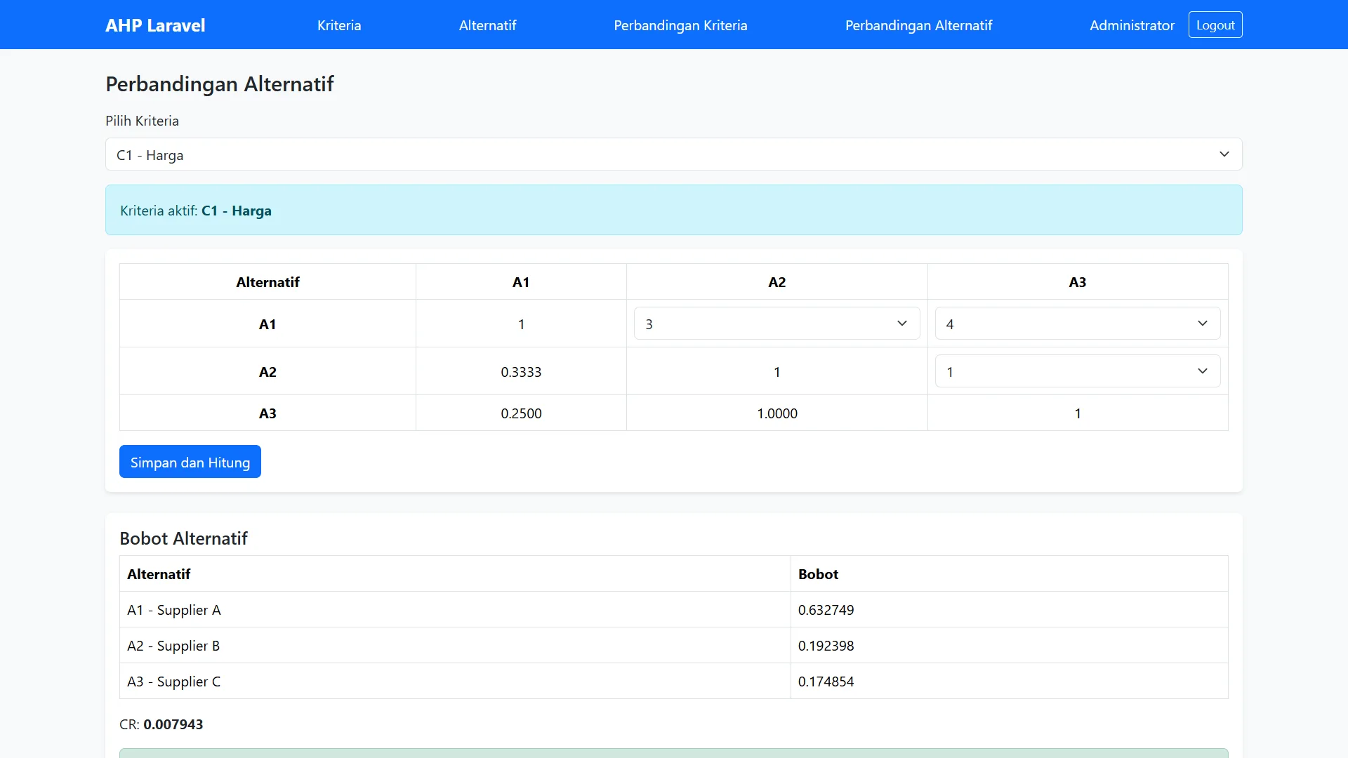 Tutorial AHP Laravel Perbandingan Alternatif