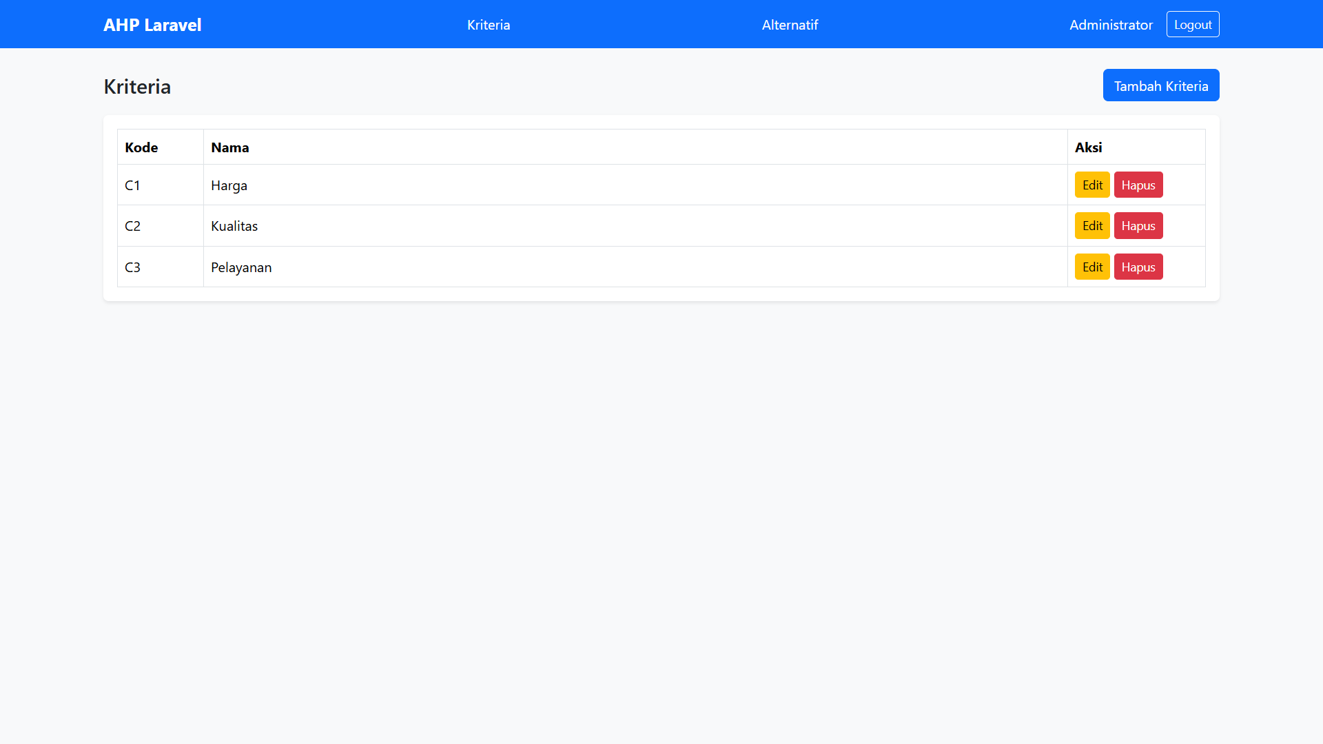 Tutorial AHP Laravel Kriteria