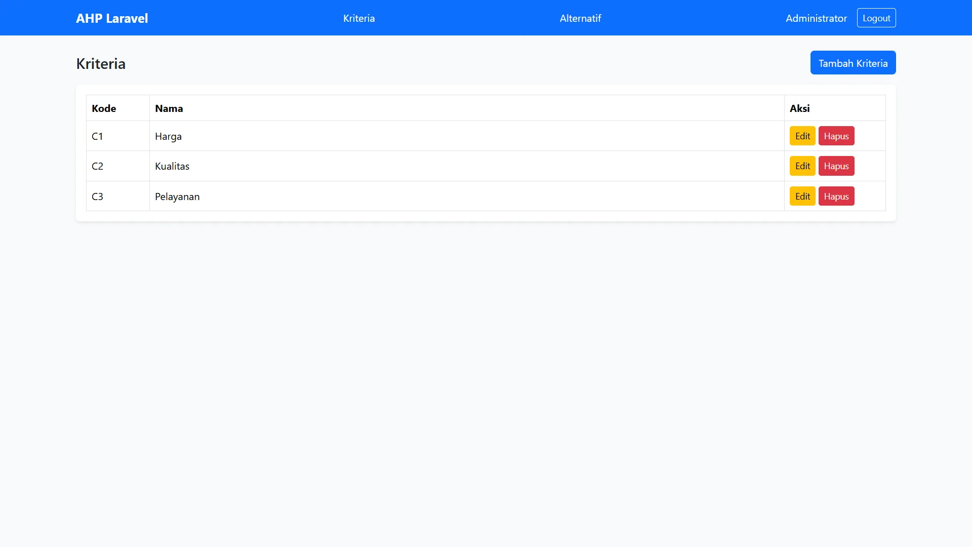 Tutorial AHP Laravel Kriteria