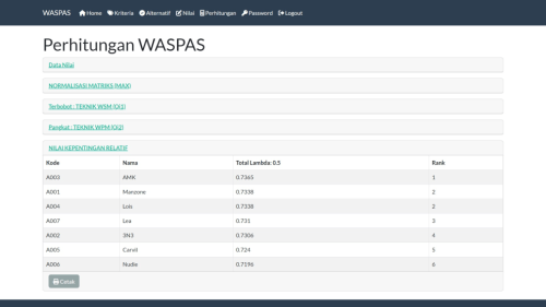 Source Code SPK Metode WASPAS PHP