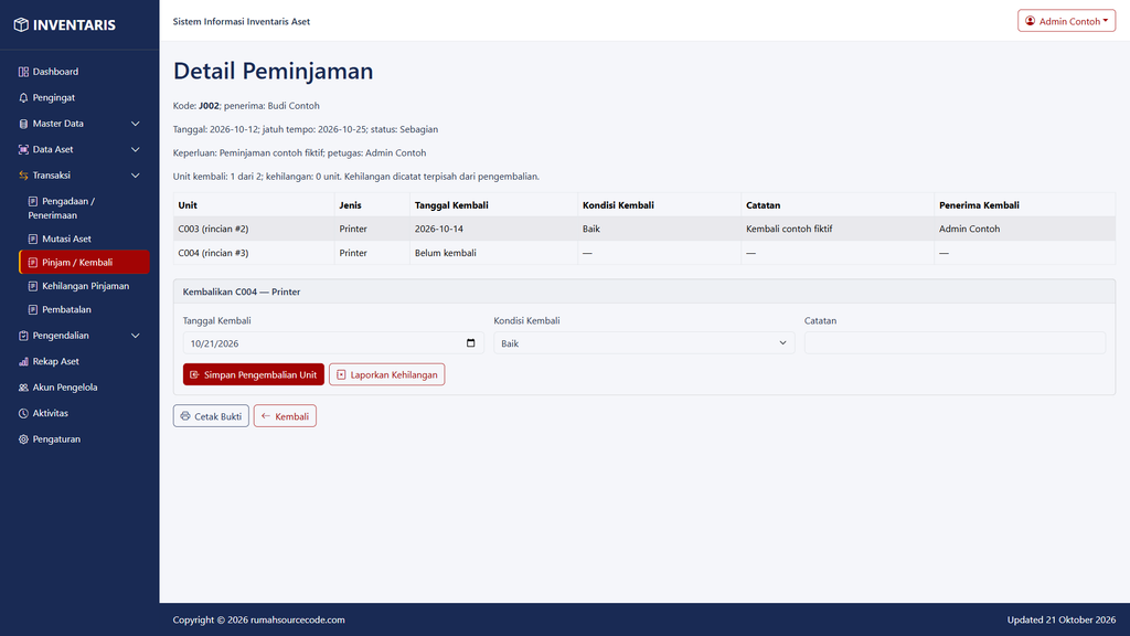Detail peminjaman aset dengan status pengembalian setiap unit