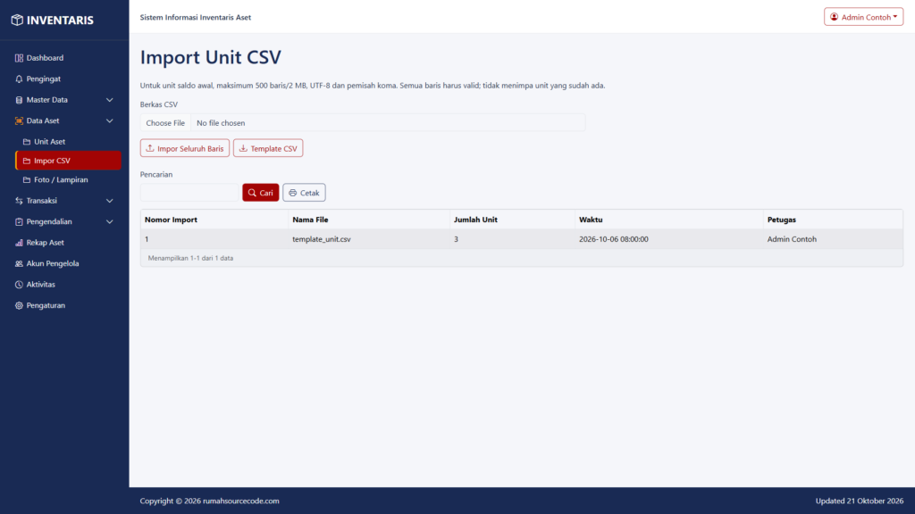 Form impor CSV dan riwayat impor tiga unit contoh