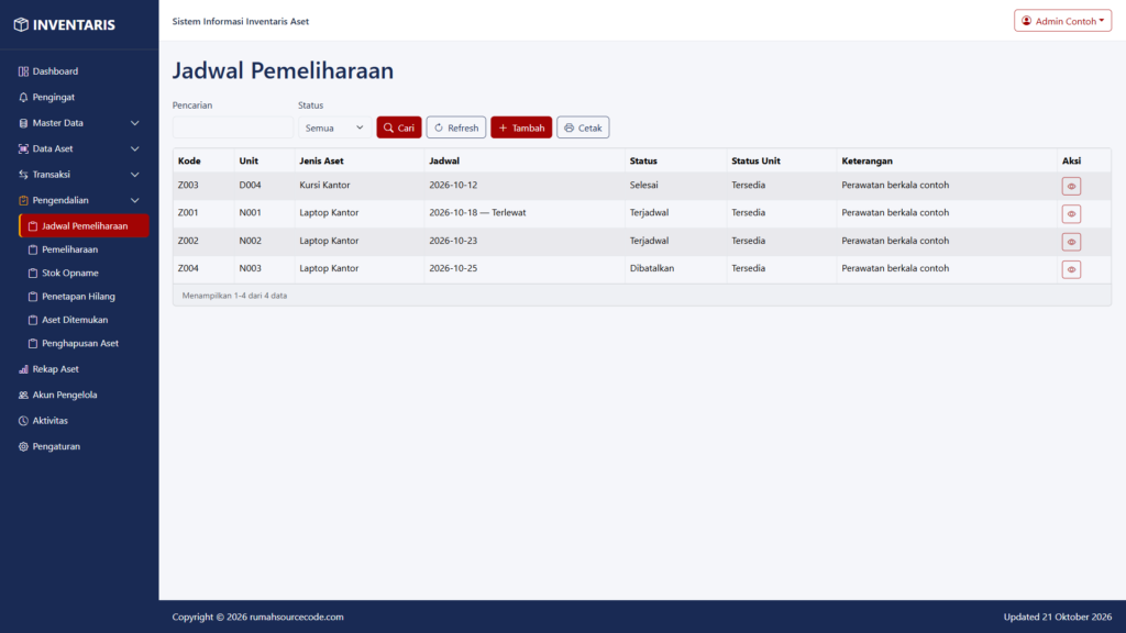 Daftar jadwal pemeliharaan aset dengan variasi status