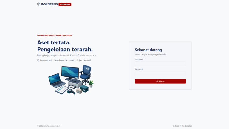 Halaman login sistem inventaris aset dengan ilustrasi dan form masuk
