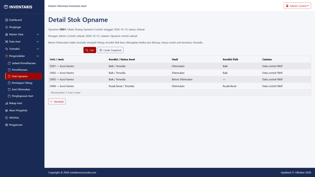 Snapshot stok opname O001 dengan hasil pemeriksaan unit